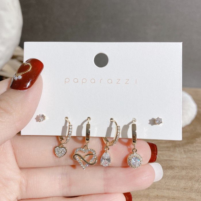 Simple Fairy Set Earrings Female Personality All-Matching Hollow Loving Heart Zircon Ear Studs Trendy Online Influencer Earrings
