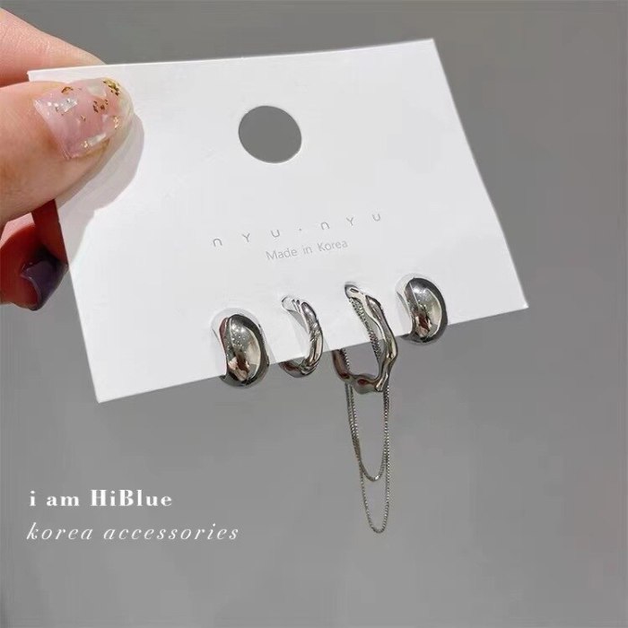 INS Internet Celebrity Same Geometric Sterling Silver Needle Ear Ring Tassel Ear Clip Set Cold Style Multi-Wear Earrings