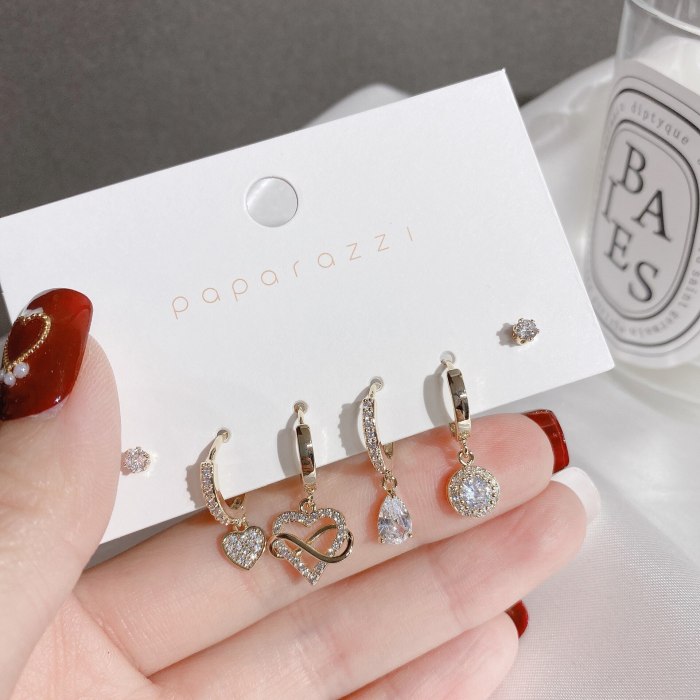 Simple Fairy Set Earrings Female Personality All-Matching Hollow Loving Heart Zircon Ear Studs Trendy Online Influencer Earrings