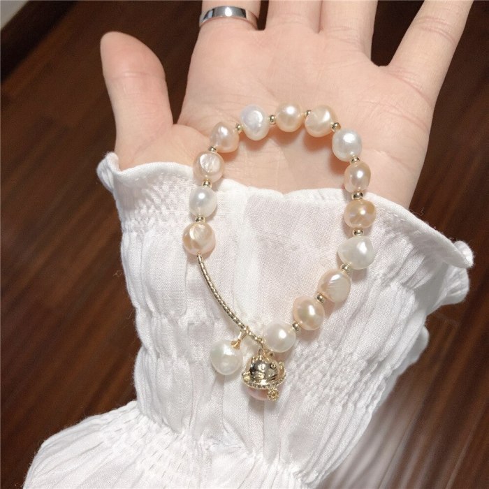 Freshwater Pearl Stretch Handmade Bracelet Cute Cat Bracelet Korean Style Personal Influencer Baroque Bracelet