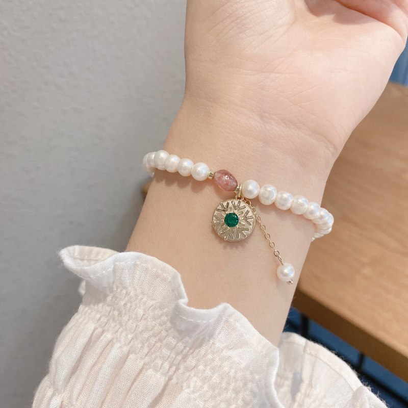 Korean Retro Baroque Freshwater Pearl Bracelet Women's Light Luxury Elegant Rotatable Snowflake Natural Stone Bracelet