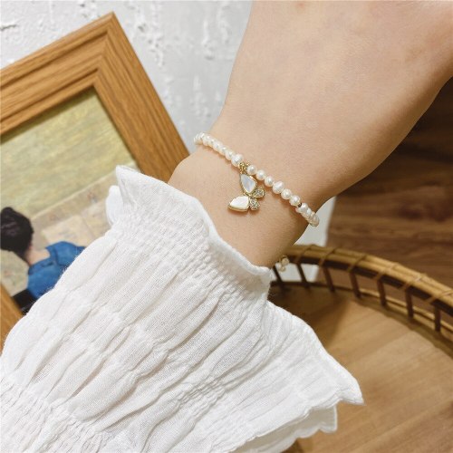 Japanese and Korean Partysu Copper Gold Plated Simple Butterfly Bracelet Retro French Freshwater Pearl Grace Fairy Bracelet