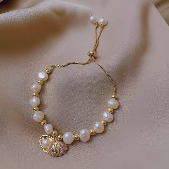 Baroque Freshwater Pearl Pulling Rope Adjustable Bracelet Female Light Luxury Elegant Sea Shell Zircon Bracelet