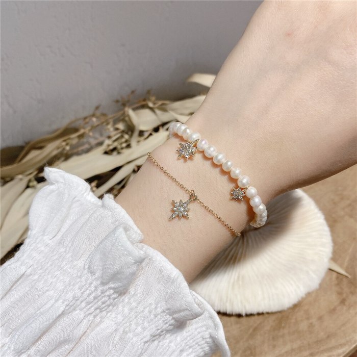 Eight-Pointed Stars Double-Layer Bracelet Female Korean Style Zircon Baroque Freshwater Pearl Light Luxury Bracelet Wrist String