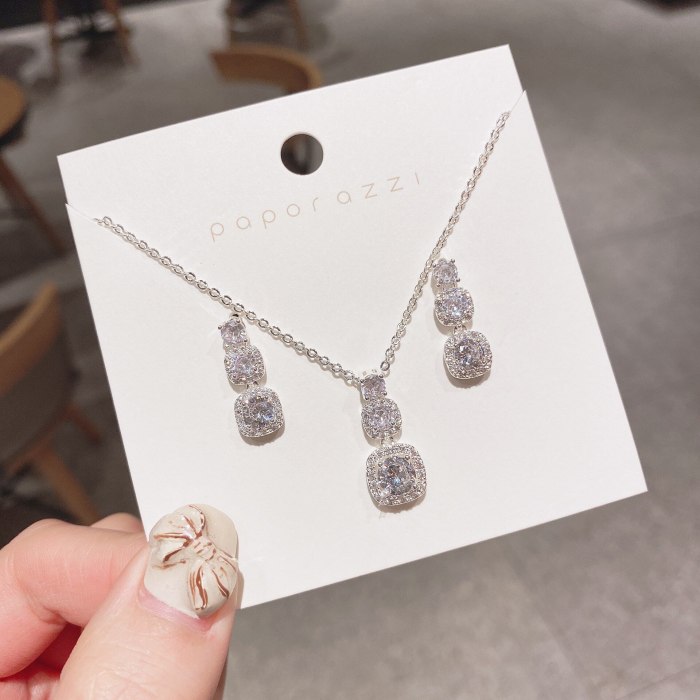 Cross-Border European and American Bride Set Creative All-Match Zircon Plated Real White Gold Necklace Earrings Set Wedding