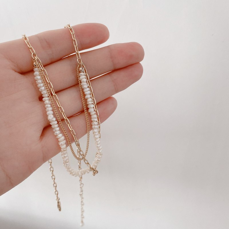 Cross Border New Accessories Personalized High-Grade Freshwater Pearl Necklace Metallic Simple Three-Layer Clavicle Chain