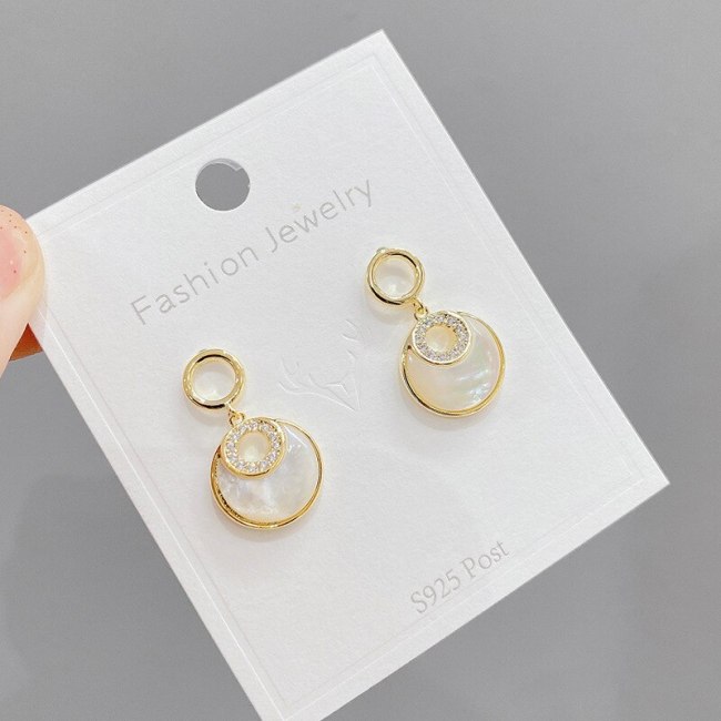 Geometric round Ring Earrings Sweet Shell Lucky Circle Small Cute Simple Sterling Silver Needle White Shell Ear Studs