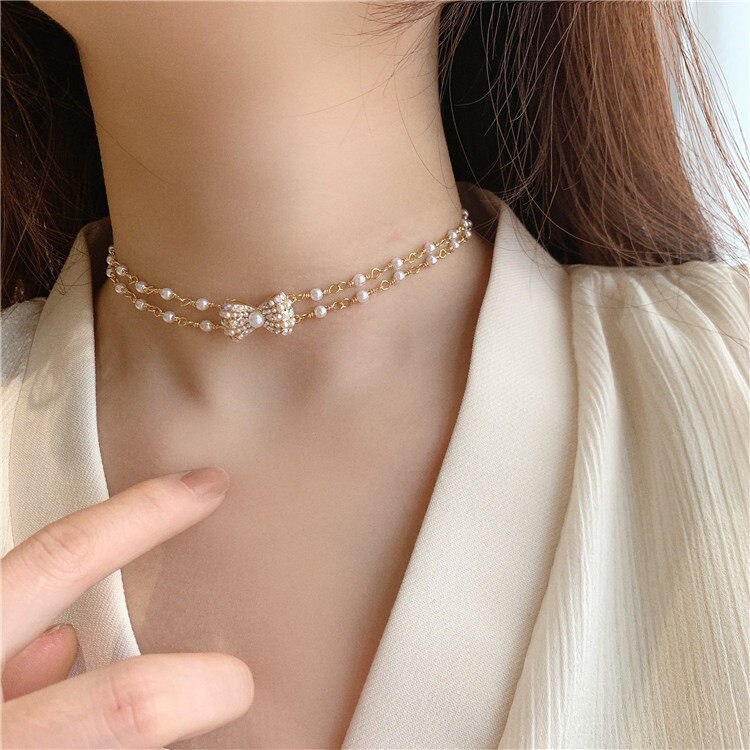 Creative Fairy French Necklace Metallic Japanese and Korean Short Double-Layer Bow Clavicle Chain Sexy Necklace