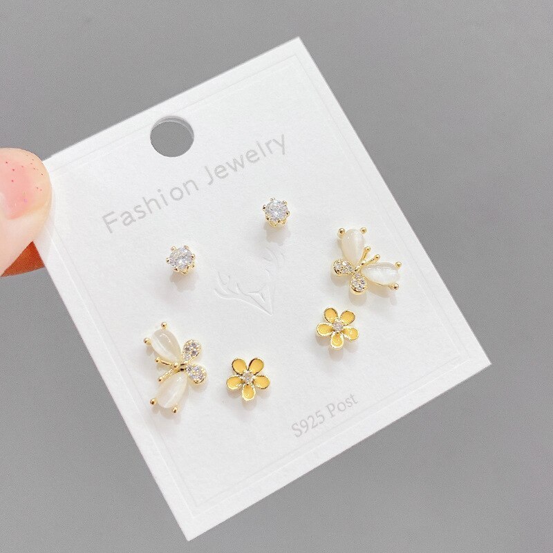 Sterling Silver Needle One Card Multi-Pair Earrings Three Pairs Finely Inlaid Stud Earrings Real Gold Electroplated Earrings