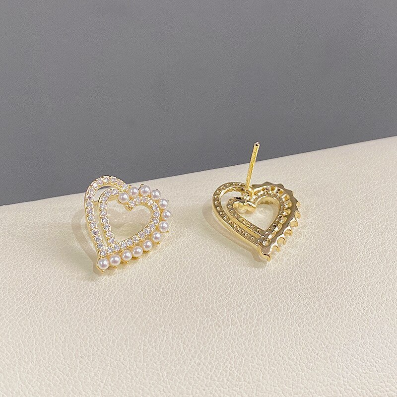 Love Heart Stud Earrings Female Sterling Silver Needle Pearl Full Diamond Peach Heart New Internet Influencer Earrings