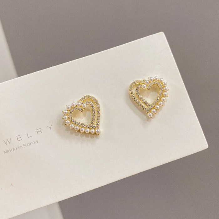 Love Heart Stud Earrings Female Sterling Silver Needle Pearl Full Diamond Peach Heart New Internet Influencer Earrings