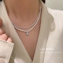 Internet Hot New Freshwater Pearl Necklace Retro Multi-Layer Temperament Clavicle Chain White Gold Plated Zircon Pendant