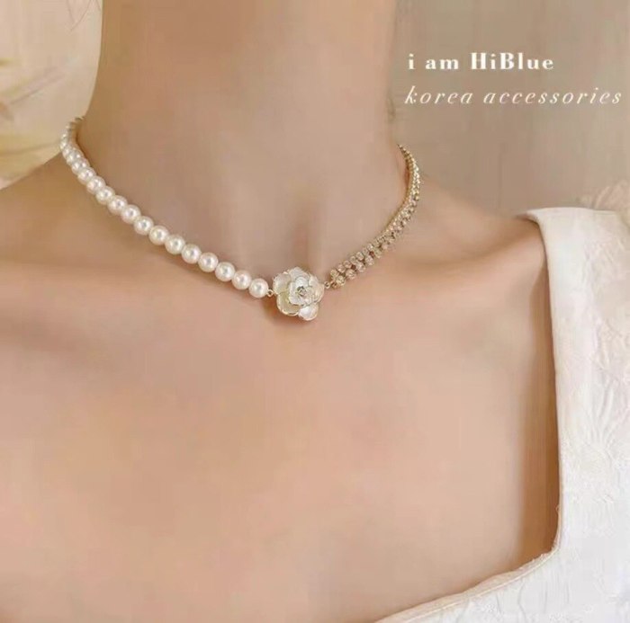 White Flower Short Pearl Necklace Korean Style Diamond-Studded Necklace Female Artistic Temperament Socialite Style Necklace
