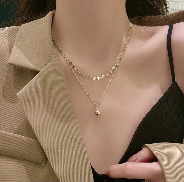 Korean Style Net Red Wind Trendy Double-Layer Necklace Simple All-Match Small Golden Ball Pendant Gold Plated Clavicle Chain