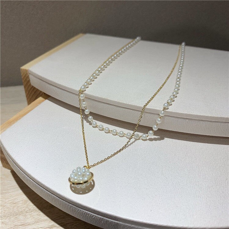 Korean Style Sweet Elegance Double-Layer Pearl Necklace Design Planet Pendant Socialite Style Clavicle Chain