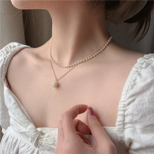 Korean Style Sweet Elegance Double-Layer Pearl Necklace Design Planet Pendant Socialite Style Clavicle Chain