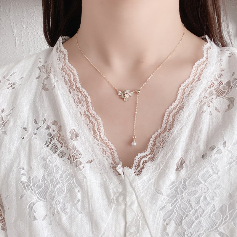 Korean-Style Gold-Plated Light Luxury Zircon Necklace Temperament Wild Flower Tassel Pearl Pendant Drawable Adjustable Necklace