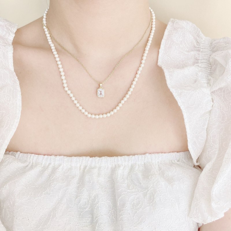 Korean Style Retro Dual-Tier and Detachable Necklace Women's Fashion Short Pearl Necklace Square Zircon Necklace