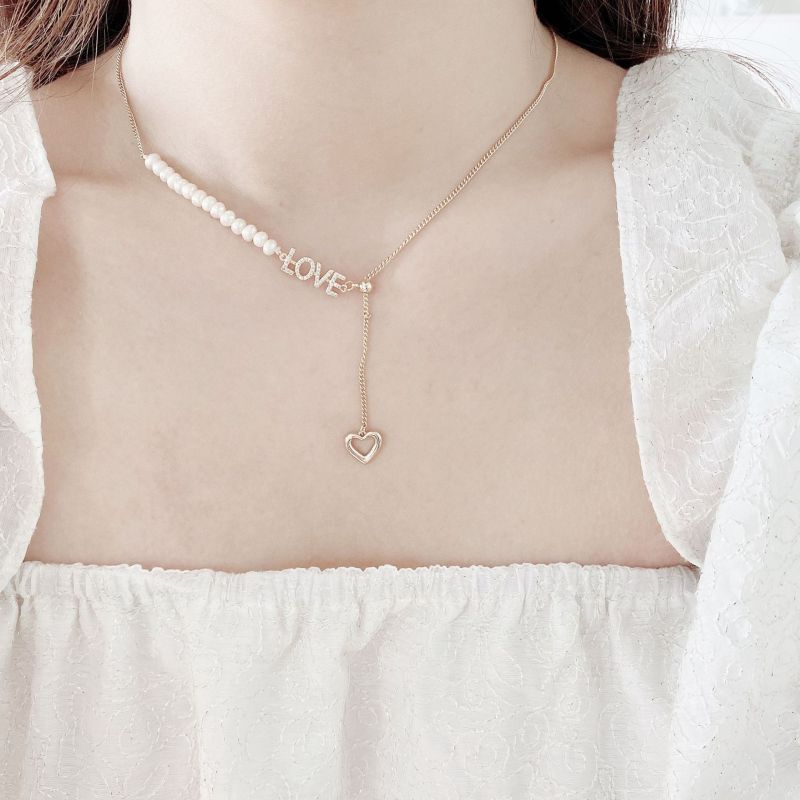 Korean Style Net Red Wind Drawable Adjustable Clavicle Chain Fashionable Heart Letter Necklace Freshwater Pearl