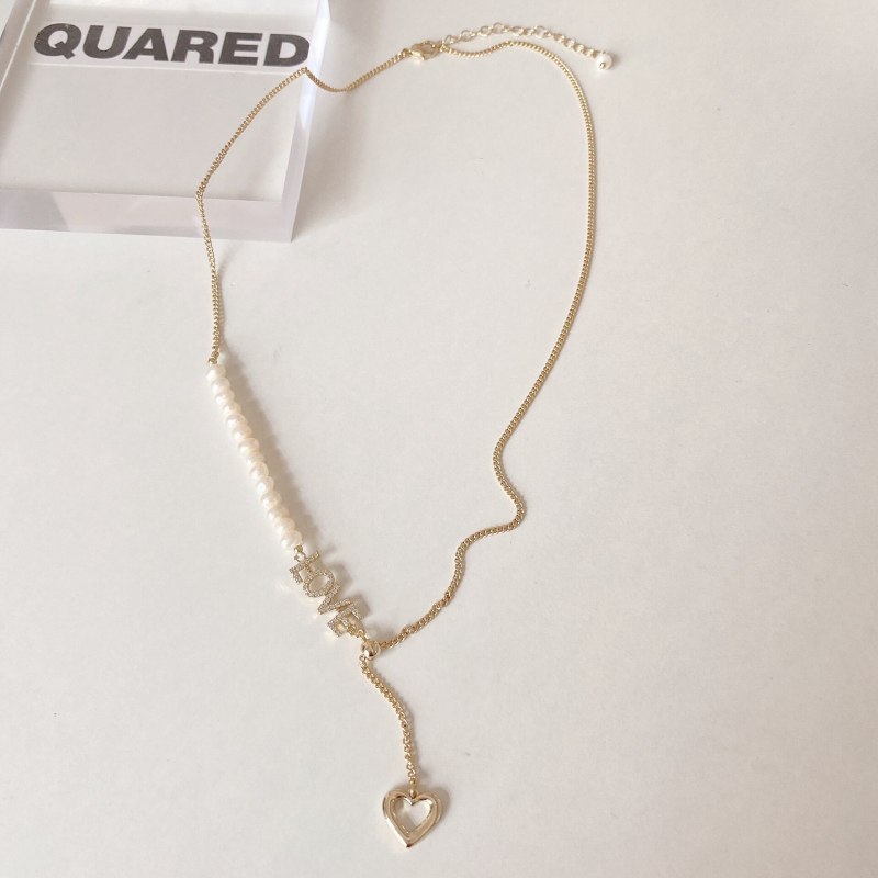 Korean Style Net Red Wind Drawable Adjustable Clavicle Chain Fashionable Heart Letter Necklace Freshwater Pearl
