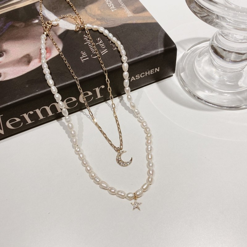 Japan and South Korea Sweet Lady Style Necklace Fresh Star and Moon Freshwater Pearl Necklace Twin Clavicle Chain Neck Chain