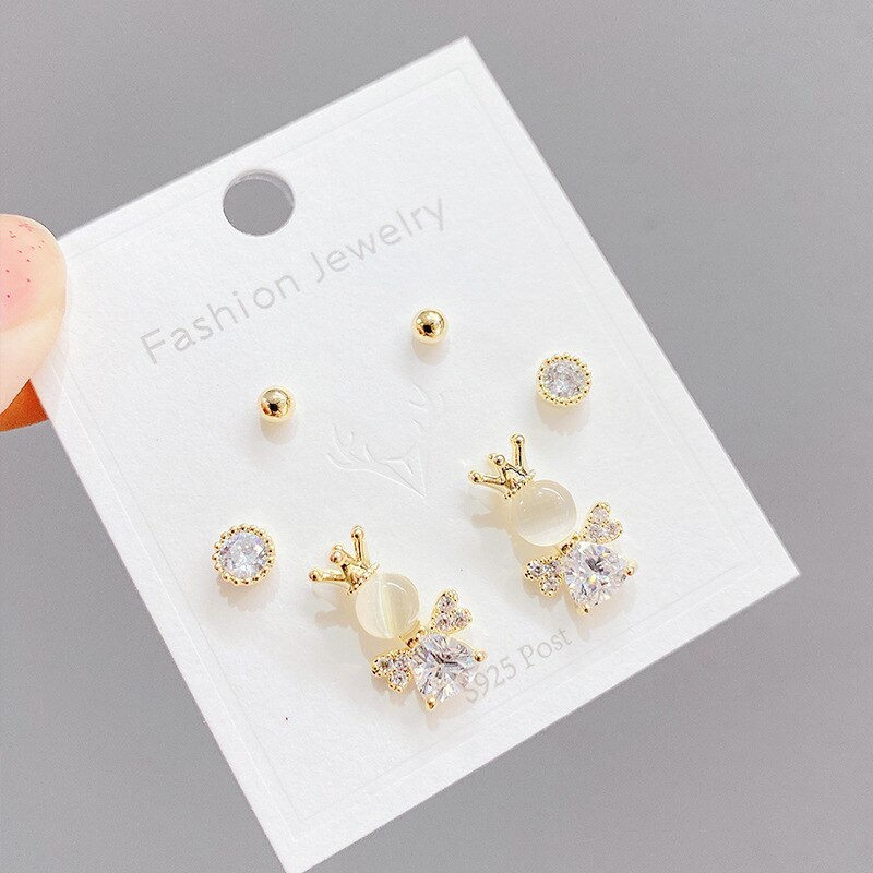 Sterling Silver Needle Fashion Girl Three Piece Set Combination Ear Studs One Card Three Pairs Opal Mini and Simple Ear Studs