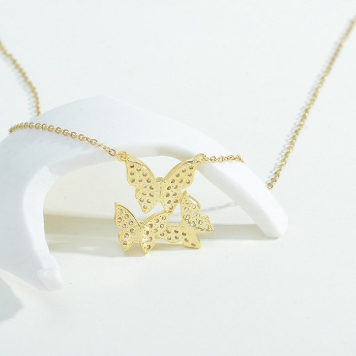 Fashion Micro Inlaid Zircon Three Butterfly Necklace Female Temperamental Tassels Pendant Clavicle Chain Niche Accessories