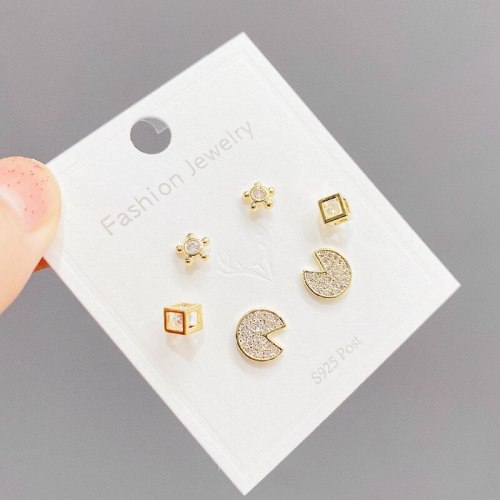 One Card Three Pairs Combination Set Design Personality Three-Piece Suit Stud Earrings Sterling Silver Needle Zircon Earrings