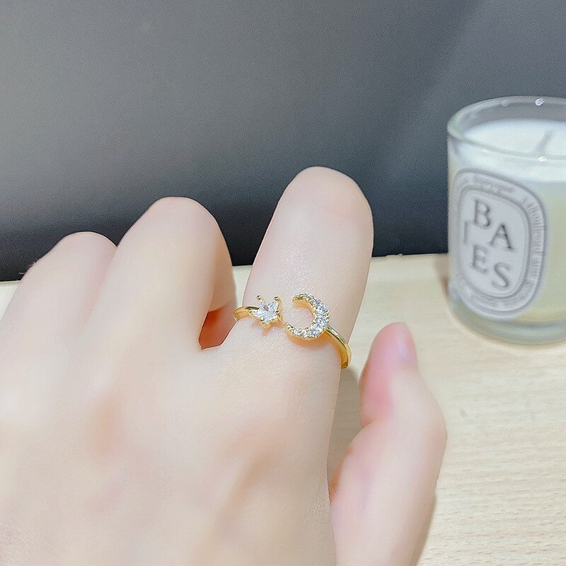 Korean Fashion Ring Female Star Moon Ring Personality Micro Inlaid Zircon Five-Pointed Star Open Finger Ornament