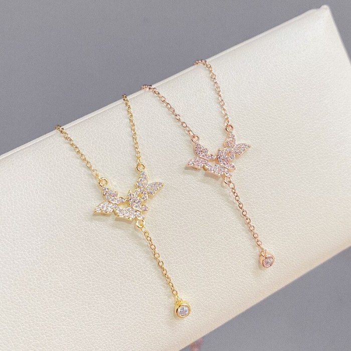 Korean Style Fashion Micro Inlay Three Butterfly Necklace Female New Tassel Clavicle Chain Female Minority Simple Ornament