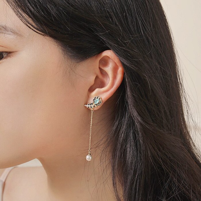 Korean Sterling Silver Needle Zircon Leaf Tassel Ins Style Stud Earrings Micro-Inlaid Colorful Zircon Earrings Earrings