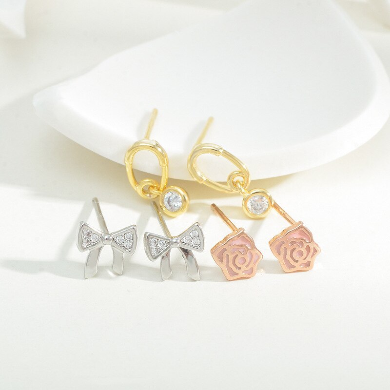 Sterling Silver Needle Fashion Girl Three Piece Set Combination Ear Studs One Card Three Pairs Bowknot Student Ear Studs