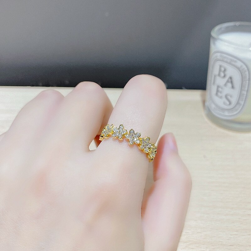 Korean Fashion New Ring Micro Inlaid Zircon Opening Adjustable Petal Ring Design Sense Index Finger Ring