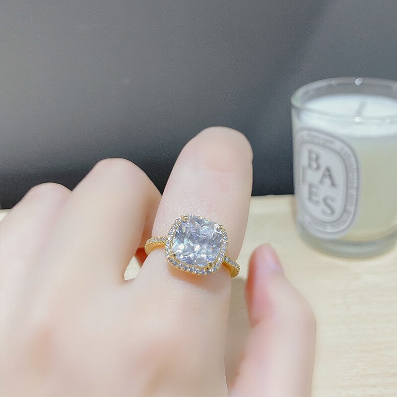 Korean Style Fashion Micro Inlaid Zircon Super Flash Ring Ins Design Square Diamond Cold Wind Open Ring Female