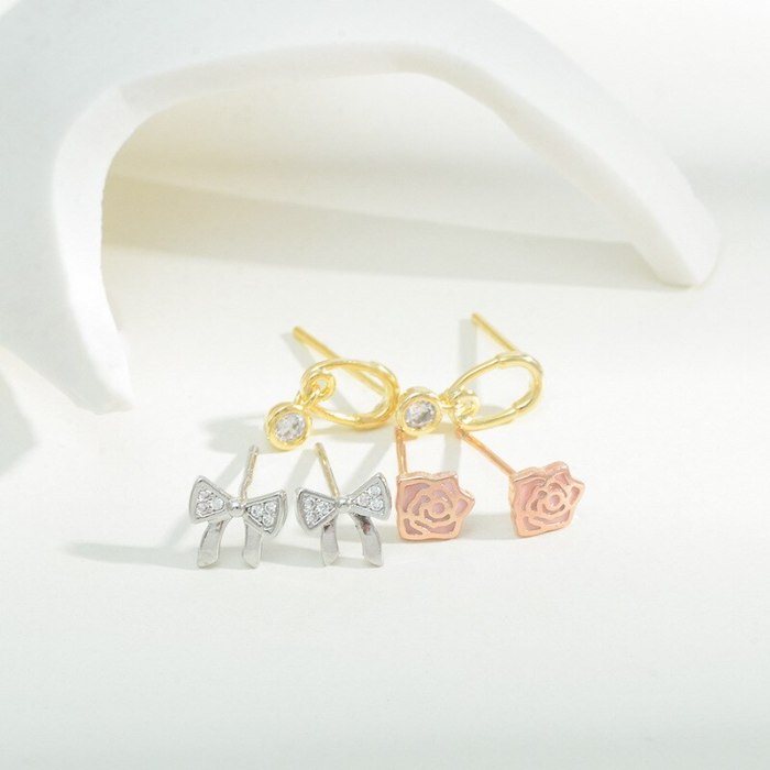 Sterling Silver Needle Fashion Girl Three Piece Set Combination Ear Studs One Card Three Pairs Bowknot Student Ear Studs