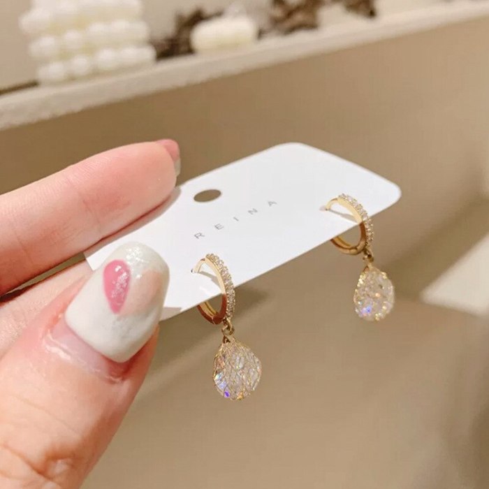 New Gold-Plated Micro Inlaid Zircon a Wire Fence Drop-Shaped Ear Clip Fashion Small Fresh Beautiful Circle Ear Clip