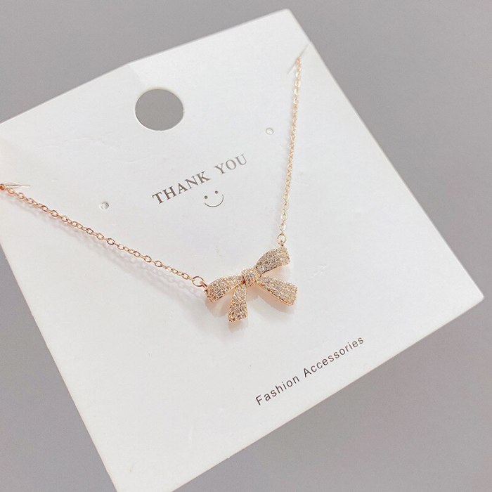 Korean Style Fashion New Bow Zircon Pendant Titanium Steel Necklace for Women New Internet Celebrity Same Style Clavicle Chain