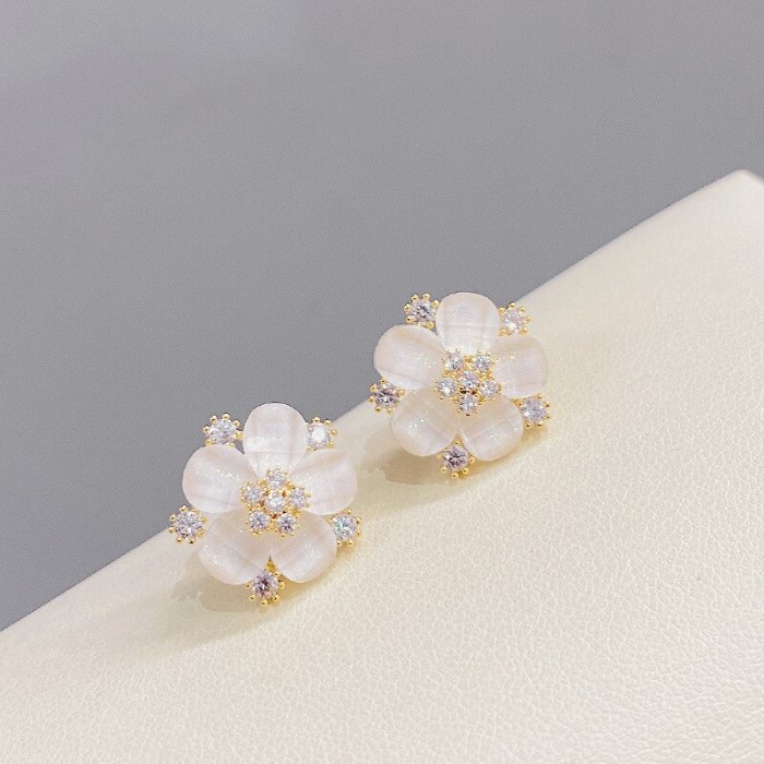 Opal Stone Ear Studs Super Fairy Three-Dimensional Flower Earrings Women's Fresh All-Match Sterling Silver Needle