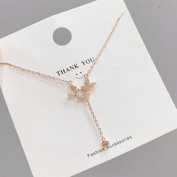 Korean Style Fashion Micro Inlay Three Butterfly Necklace Female New Tassel Clavicle Chain Female Minority Simple Ornament