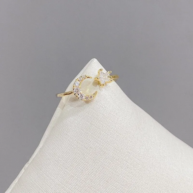 Korean Fashion Ring Female Star Moon Ring Personality Micro Inlaid Zircon Five-Pointed Star Open Finger Ornament