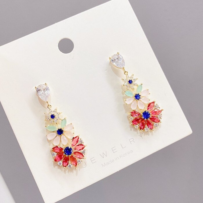 Heavy Industry Exquisite Sterling Silver Needle Ear Studs Colorful Inlaid Zircon High-Grade Earrings Fairy New Earrings Female