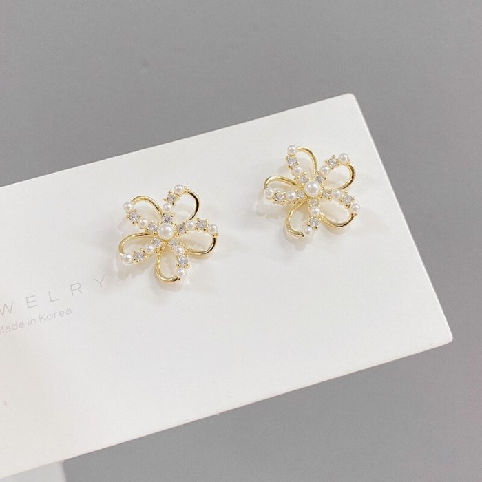 S925 Sterling Silver Needle Micro Inlaid Zircon Pearl Stud Earrings Natural SUNFLOWER Personality Fashion French Earrings