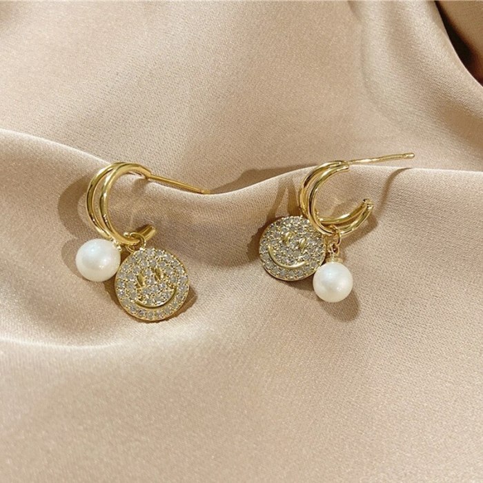 Smiley Pearl Sterling Silver Needle Pearl Earrings Girly Temperamental All-Match Online Influencer Ear Jewelry Earrings