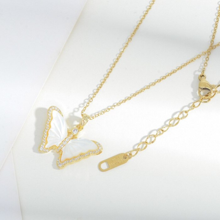 Natural Shell Butterfly Micro-Inlaid Diamond 14K Golden Clavicle Chain Fashion Light Luxury Temperament Personalized Necklace