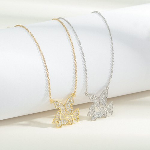 Fashion Micro Inlaid Zircon Three Butterfly Necklace Female Temperamental Tassels Pendant Clavicle Chain Niche Accessories
