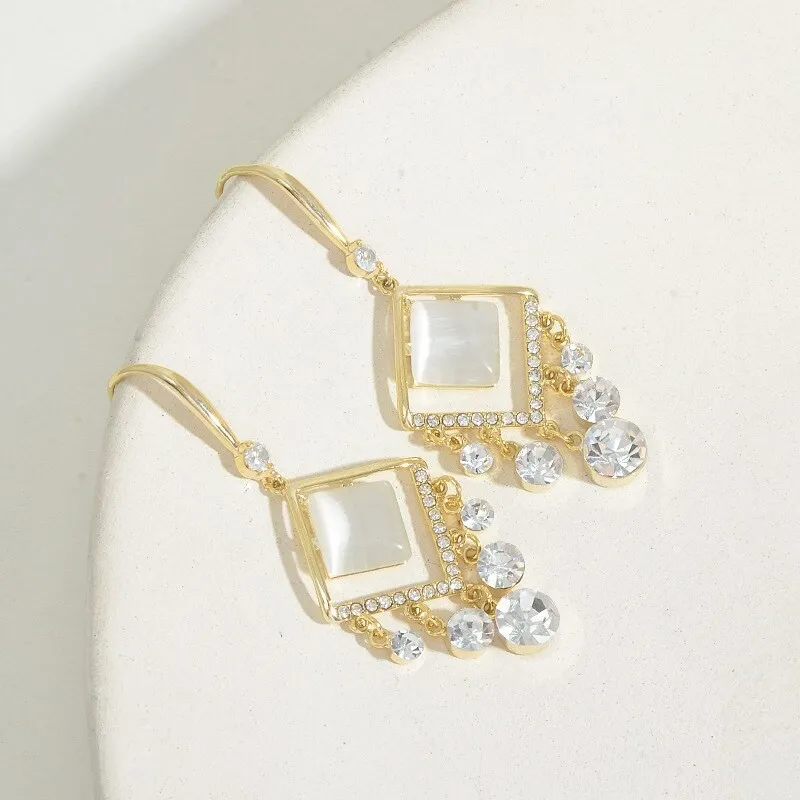 Sterling Silver Needle New Opal Stone Ear Studs Women's Tassel Earrings Light Luxury Micro Zircon Graceful Earrings Ornament