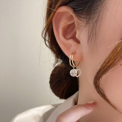 Double Circle Heart Girly Temperamental All-Match Earrings 925 Silver Needle Zircon Small Love Heart Stud Earrings Earrings