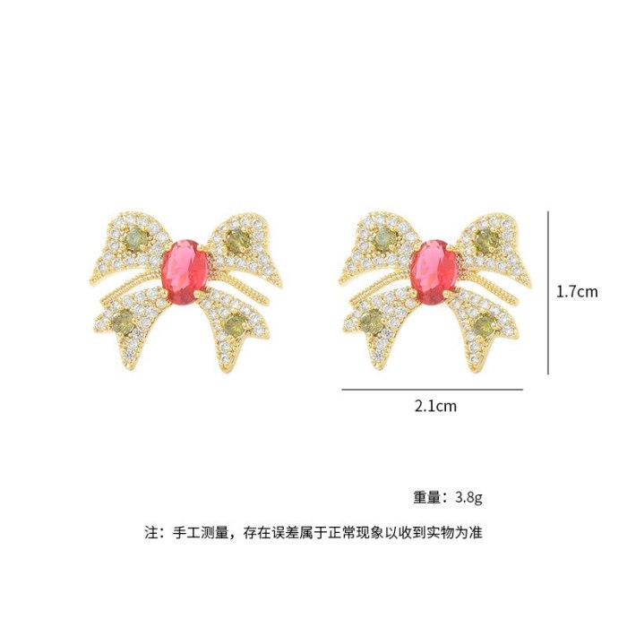 Brass Gold Plated Sterling Silver Needle Stud Earrings Korean Personality Minimalist Elegant Full Diamond Bow Earrings