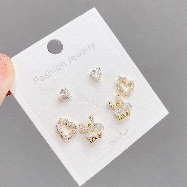 Sterling Silver Needle Micro-Inlaid Stone Female Ear Studs Niche Design All-Matching Graceful One Card Three Pairs Earrings