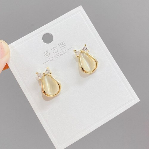 Sterling Silver Needle Opal Stone Ear Studs Japanese and Korean Ins Style Fresh Earrings Graceful and Fashionable Bow Earring